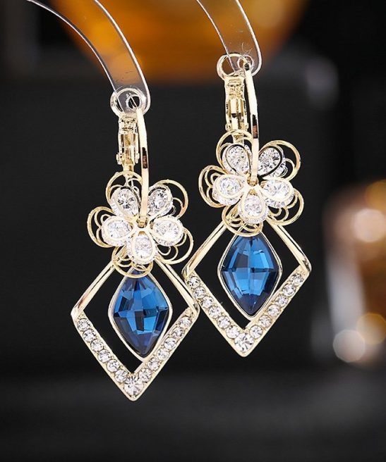 Flower Zircon Rhombic Sapphire Drop Earrings